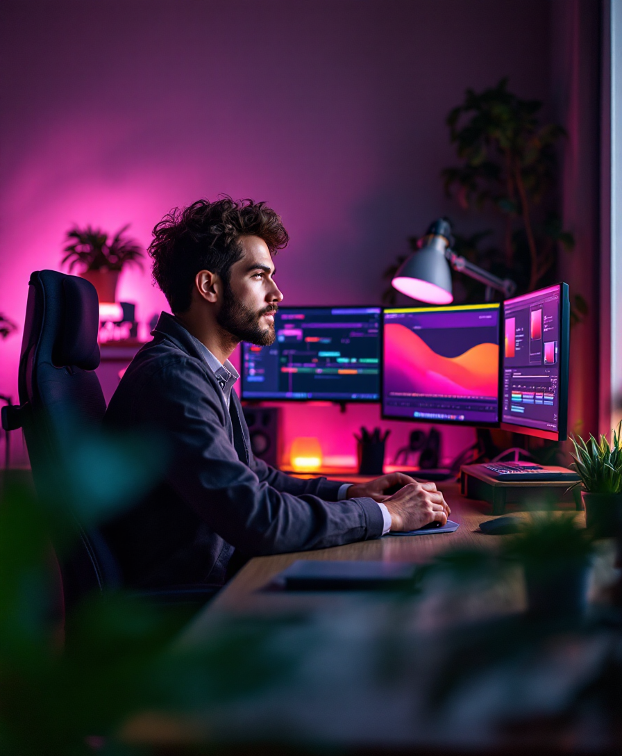 An editor reviewing storyboard frames beside a glowing monitor in a dim plum-toned studio