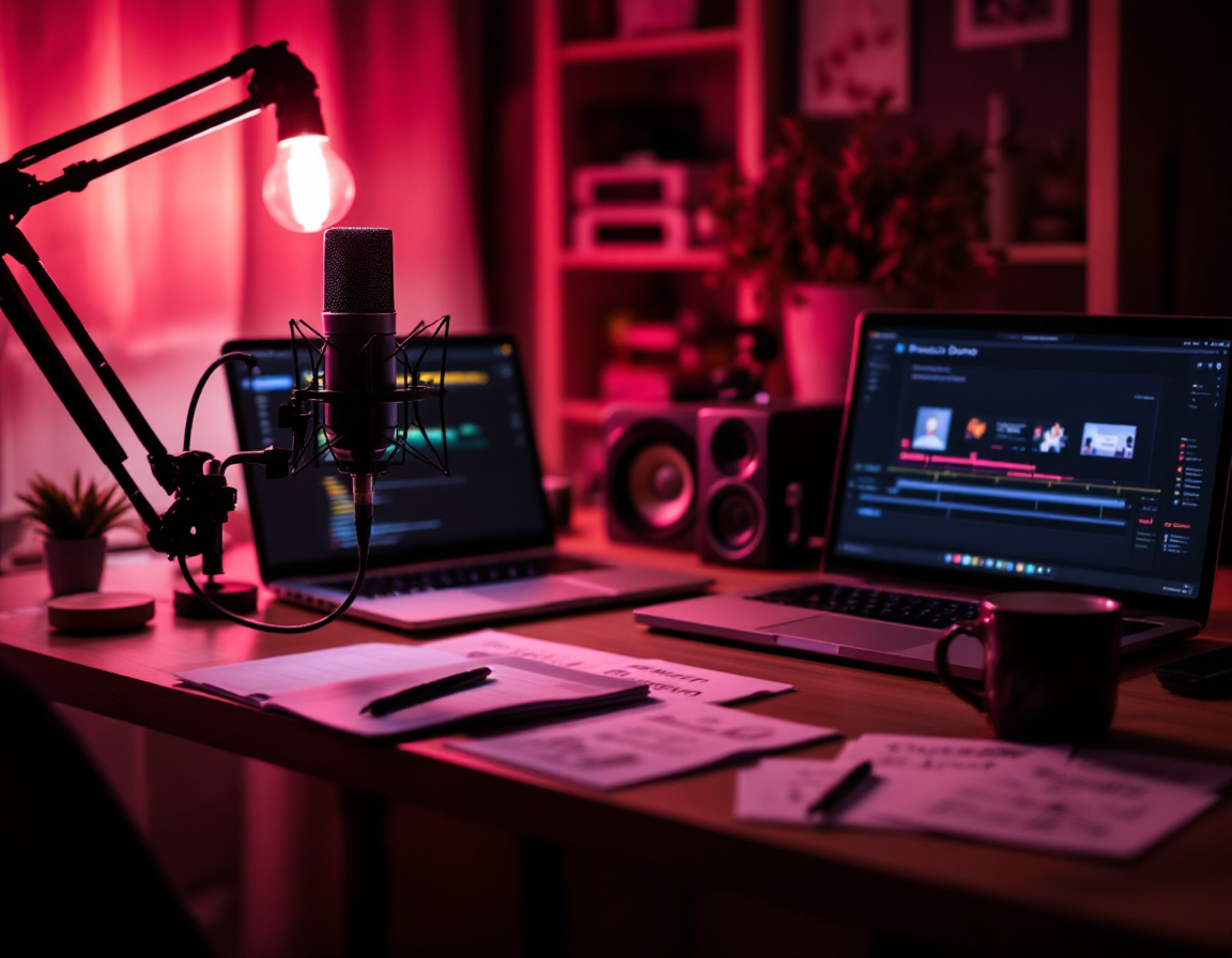 A small editing studio desk with a microphone, a monitor showing a video timeline, and storyboard notes