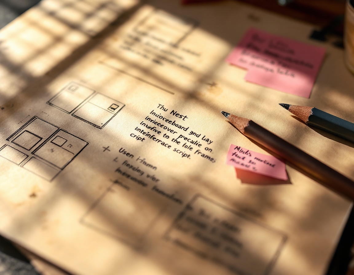 Hand-annotated storyboard frames and a voiceover script on ivory paper